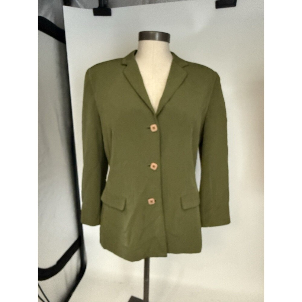 Josephine Chaus Silk Blazer 8 Green Quiet Luxury Jacket 3 Button 3/4 Sleeve
